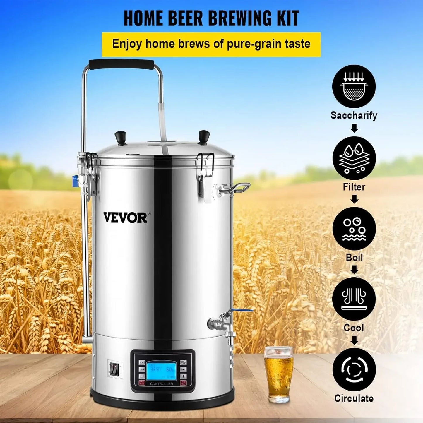 Electric Brewing System,9.2 Gal/35 L Brewing Pot, All-in-One Home Beer Brewer w/Pump, Mash Boil Device w/Panel, Auto/Manual Mode