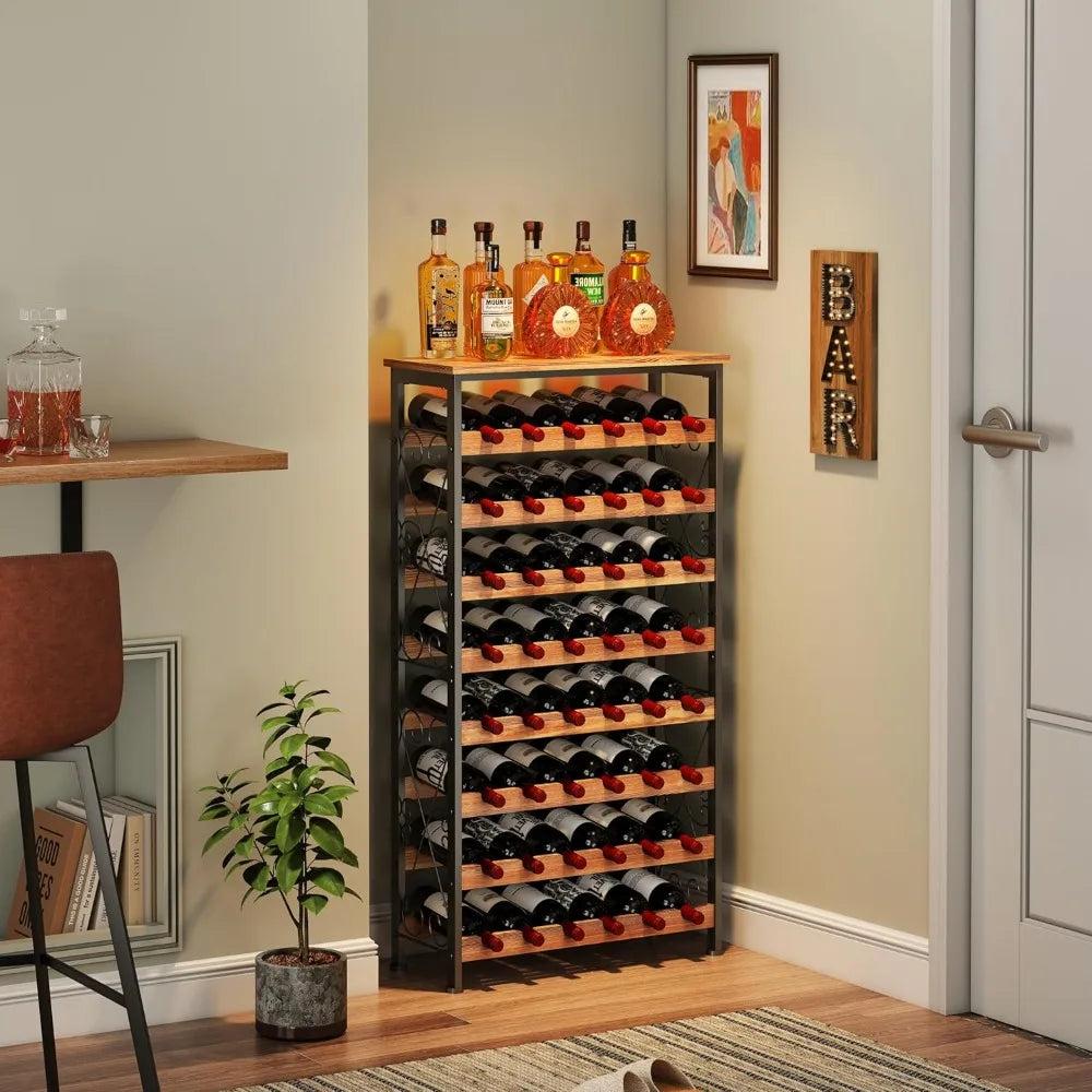 Freestanding 8-Tier Wooden Top Wine Rack for Floor Storage in Kitchen and Pantry