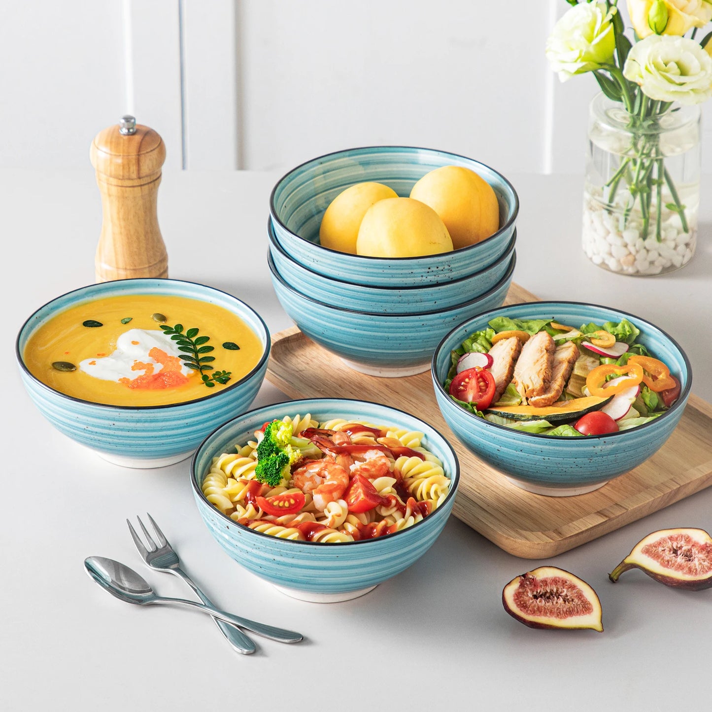vancasso 6 Piece 840ML Ceramic Bowl Handpainted Spirals Stoneware Dinnerware Set Tableware Set Salad/Soup/Fruit/Noodle/Ramen