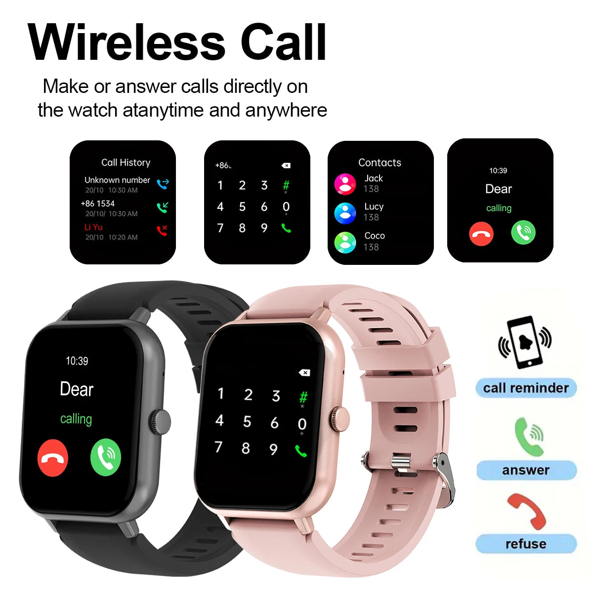 Smart watch with multiple sports modes, wireless calls, weather forecast, custom dials, compatible with Android and iPhone