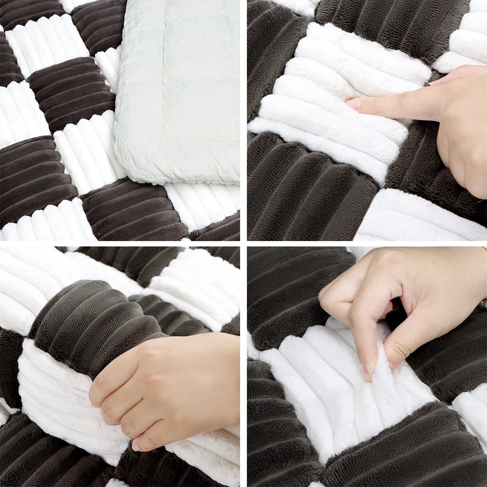 Cream Plaid Dog Bed Mat Cushion Anti Slip Washable Cover