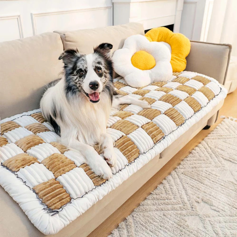 Cream Plaid Dog Bed Mat Cushion Anti Slip Washable Cover