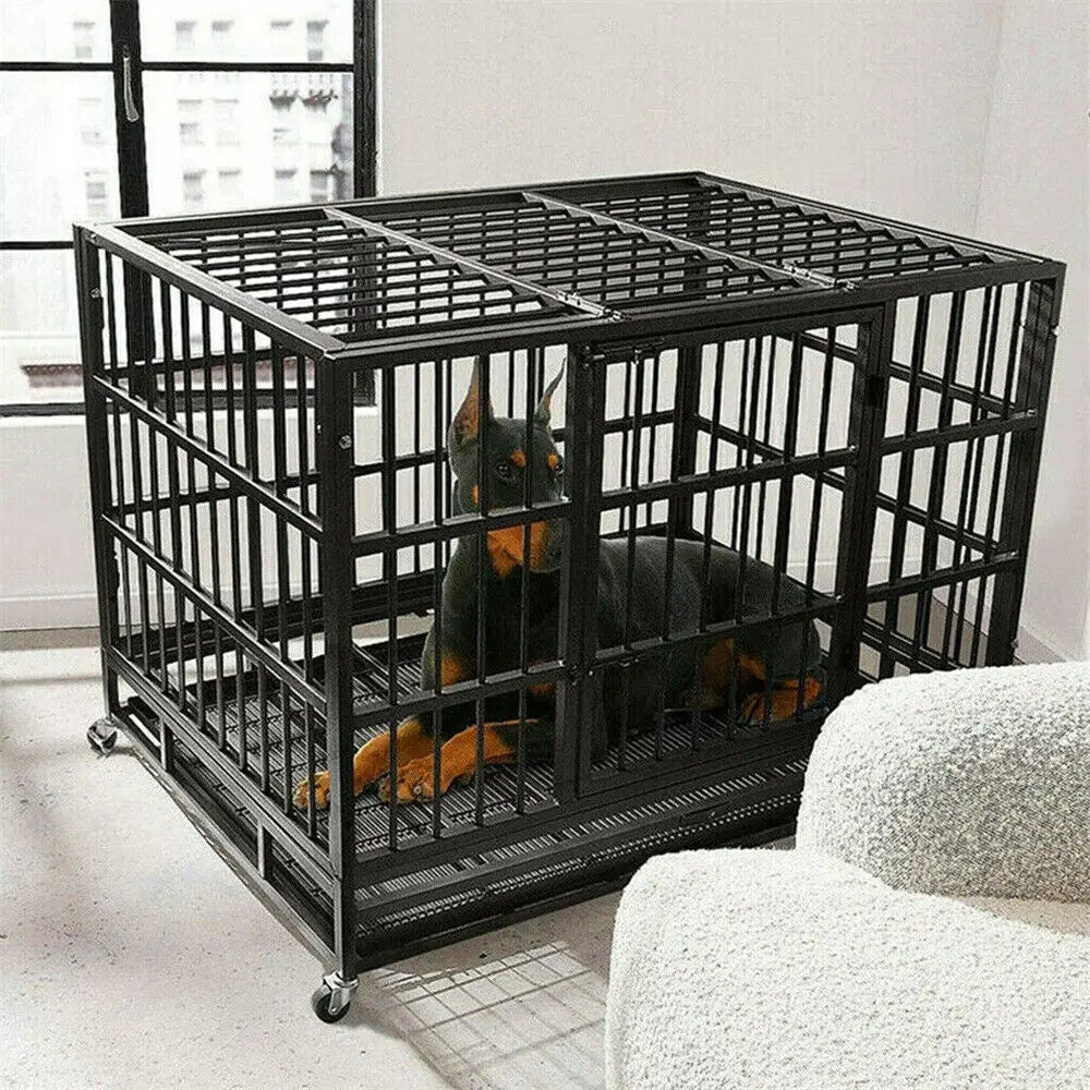 Heavy Duty Dog Crate XXL With 4 Lockable Wheels 3 Doors