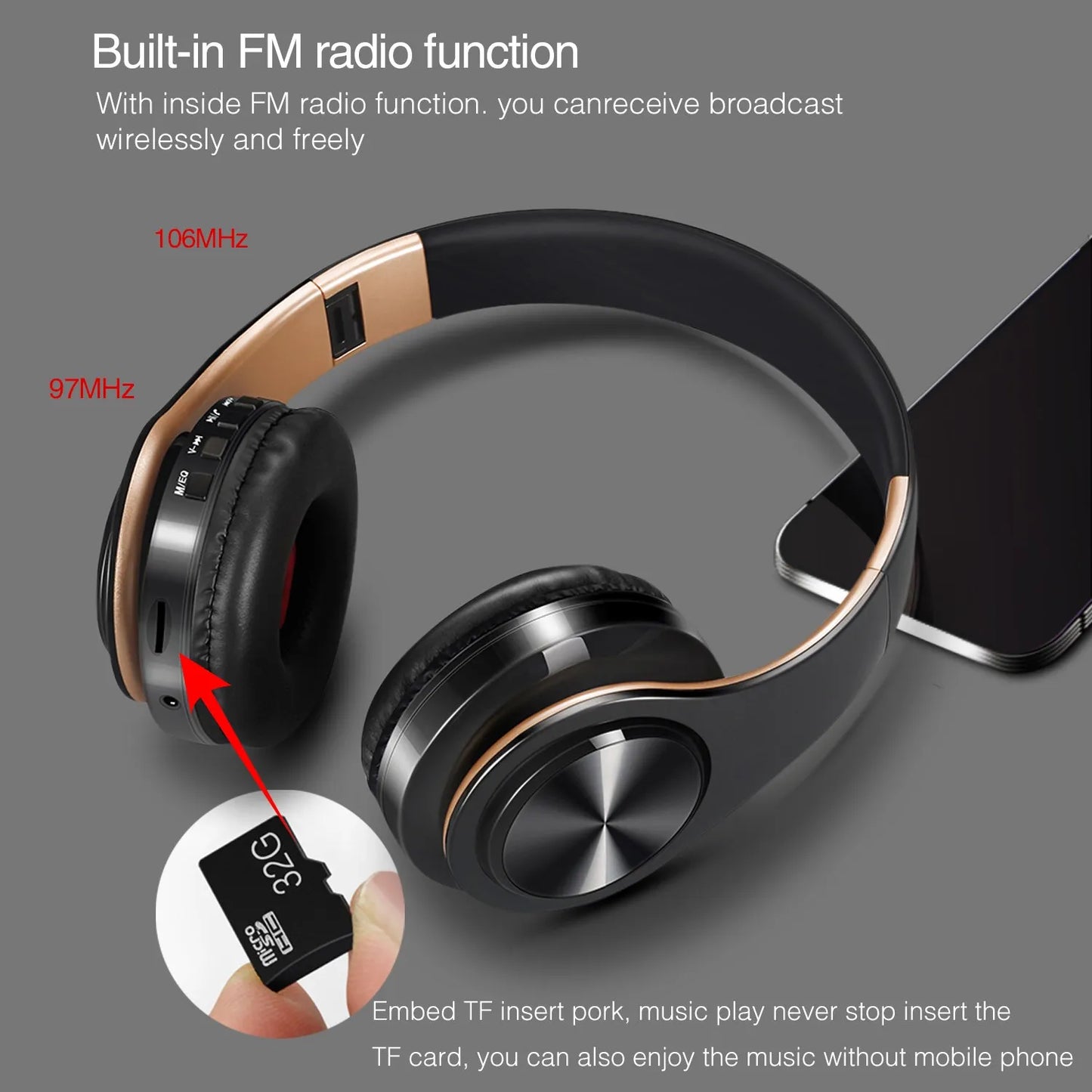 HIFI Stereo Bluetooth Earphones Wireless Headphone Music Headset with Mic FM and SD Card Support for Mobile Xiaomi iPhone Samsung Tablet