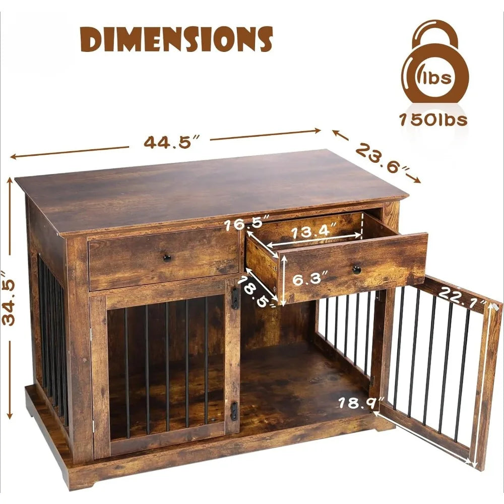 44 Inch Wooden Dog Crate End Table With Storage Drawers