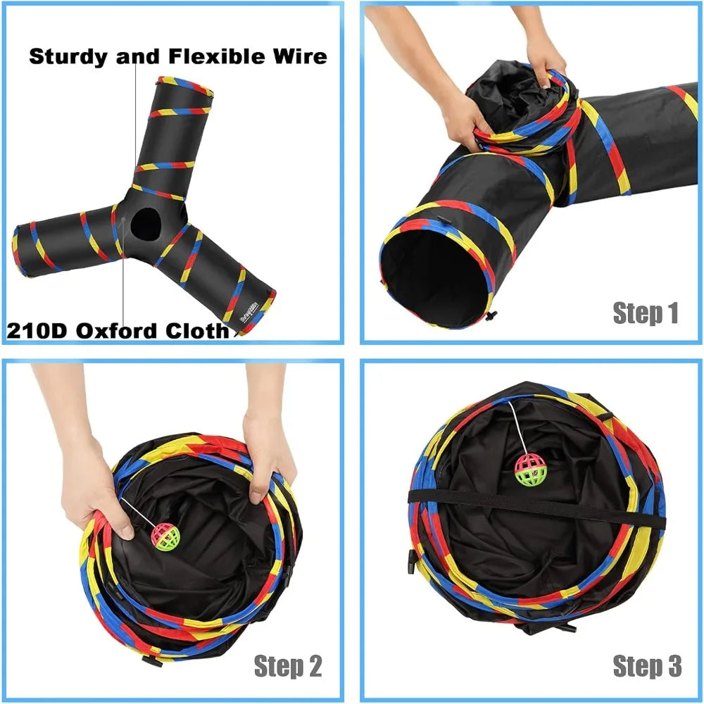 2 Pack Collapsible Cat Tunnels 3 Way, Cats Dogs Maze Tube with Ball for Indoor Outdoor Large Cat Play Toy (Black)
