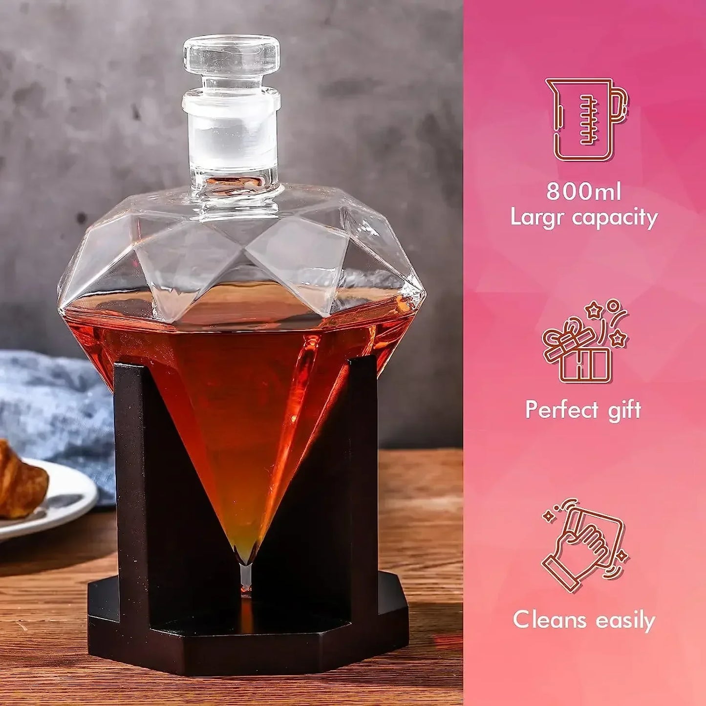 1000ml Whiskey Decanter glass  wine bottle with Wooden Holder Airtight Stopper Suitable for all kinds of alcohol Gift Shaker