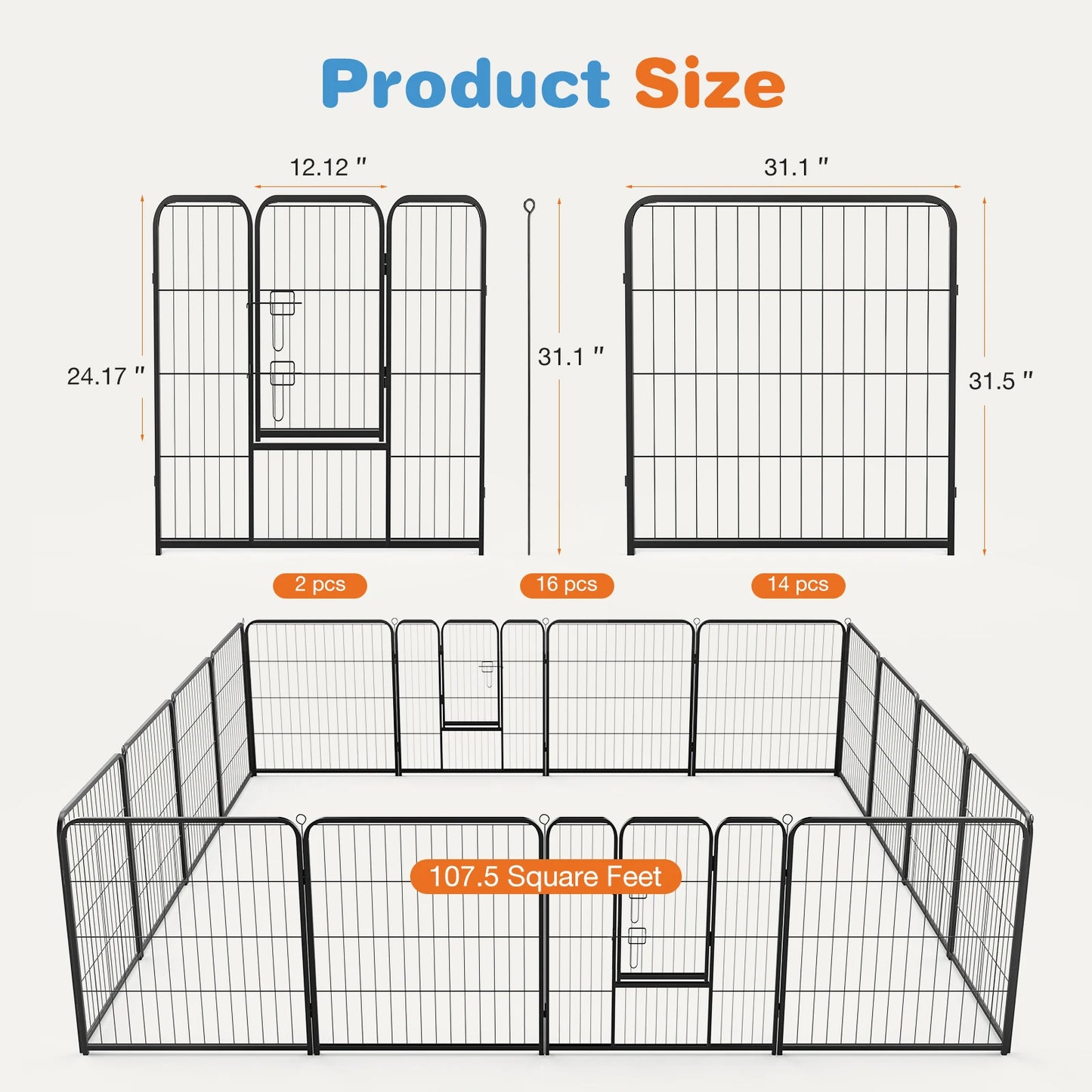 JHK 16 Panel Dog Playpen Indoor Metal Fence With Doors