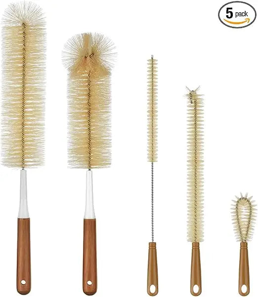 5-pack bottle brush cleaner - long bamboo handle water bottle straw cleaning brush for washing narrow neck beer wine decanter,