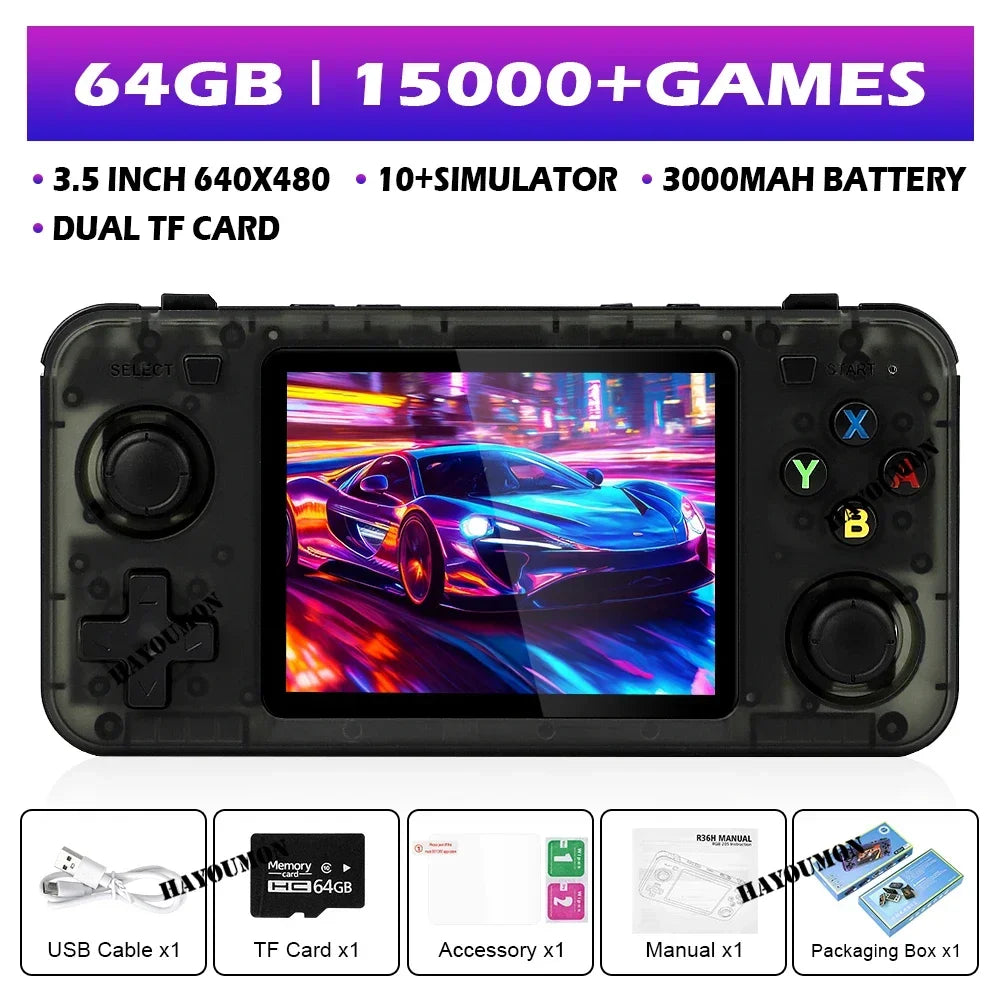 Transparent Black R36H Retro Handheld Video Game Console 3.5 Inch IPS Screen 15000+ Games 10+ Emulator for PS1/PSP/DC/N64/GB