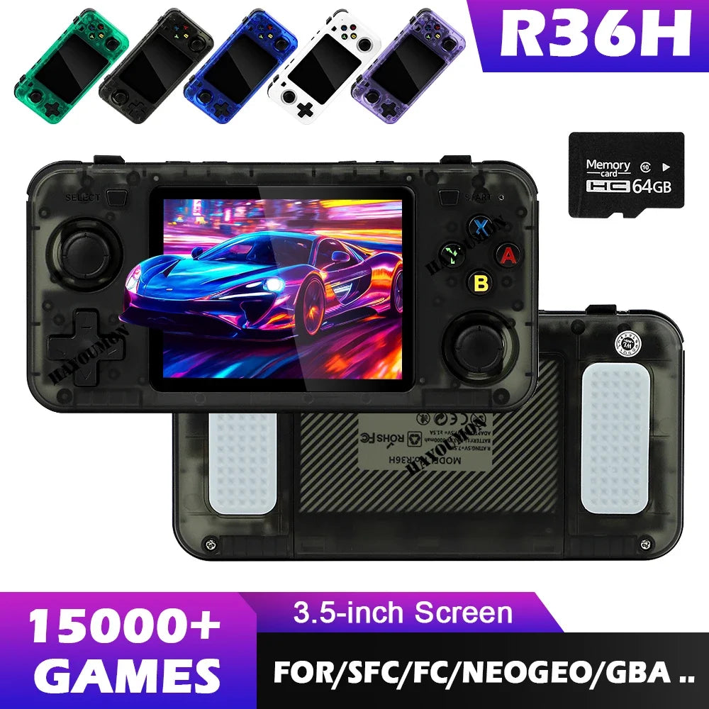 Transparent Black R36H Retro Handheld Video Game Console 3.5 Inch IPS Screen 15000+ Games 10+ Emulator for PS1/PSP/DC/N64/GB