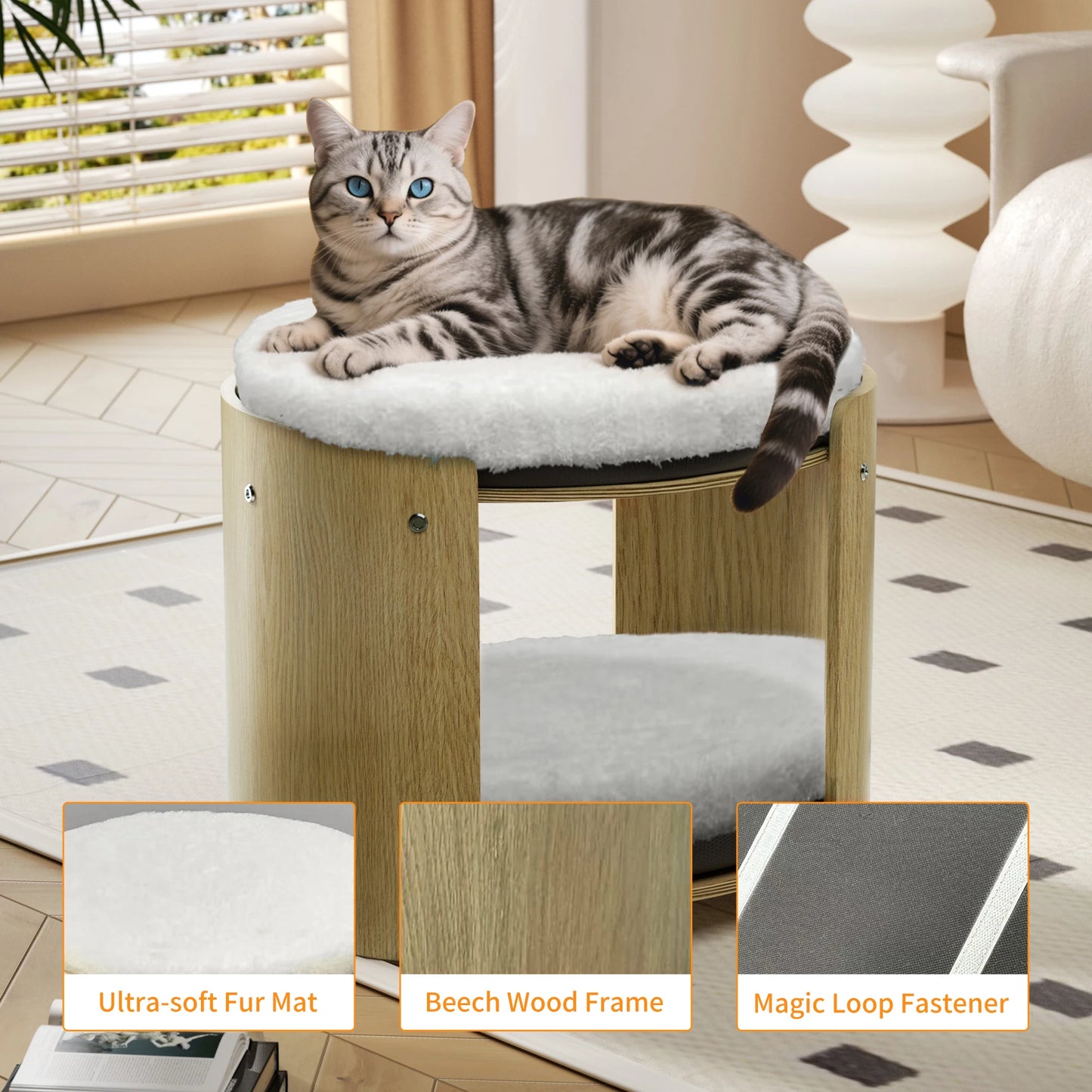 Elevated Indoor Cat Bed Two Tier Bamboo Cat Tree Mat