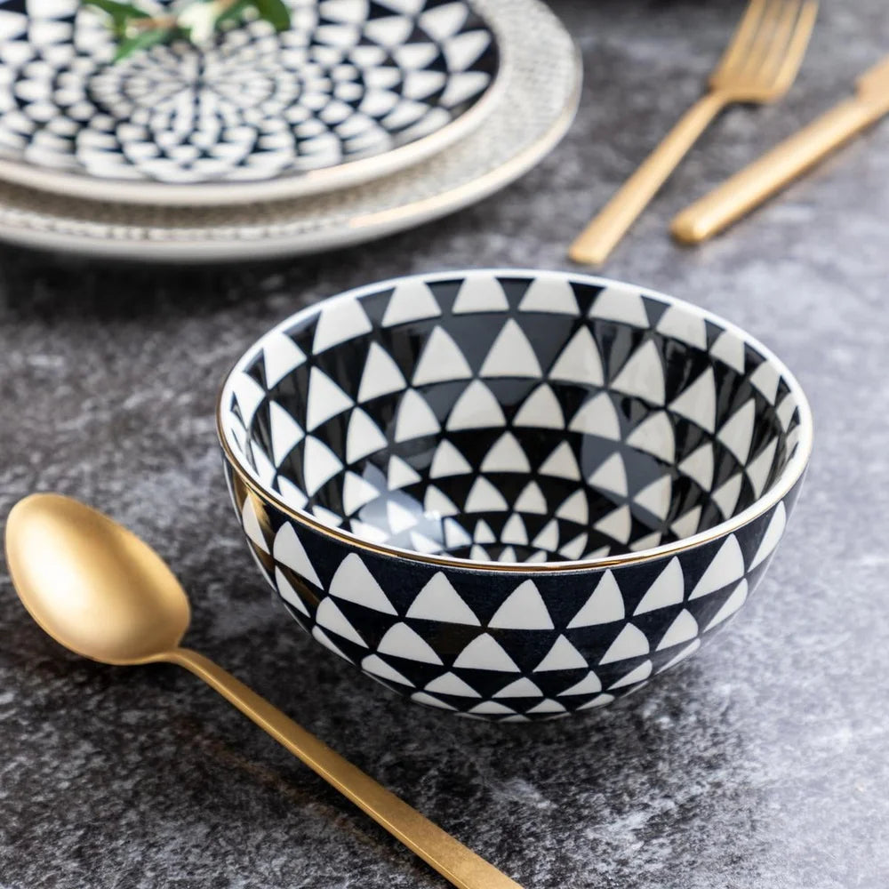 2 Pack Stoneware Dinner Bowls Black White Medallion Durable Microwave Dishwasher Safe Elegant Tableware Ceramic Serving Plates