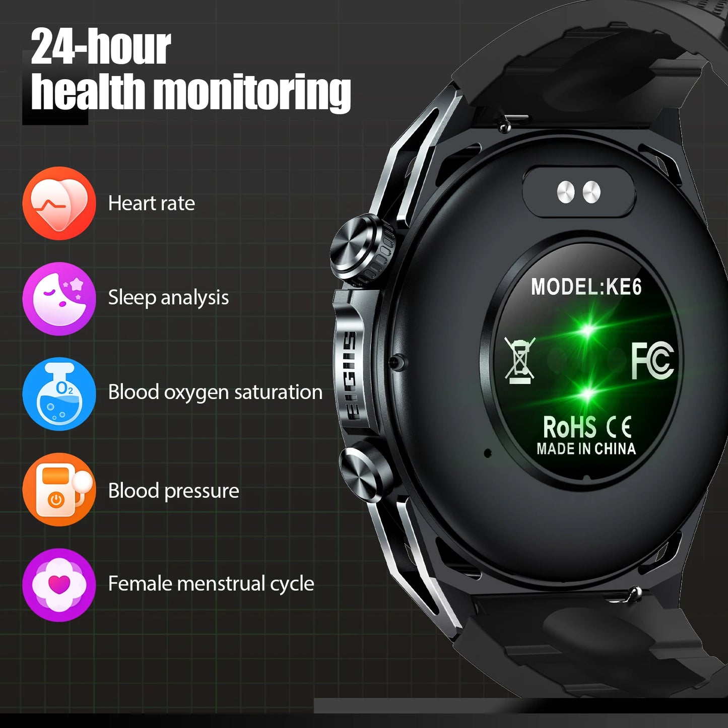 EIGIIS New Smart Watch KE6 1.43 Inch AMOLED Display Men Black Sports Watch KE Series Bluetooth Call Health Monitor IP68 Waterproof