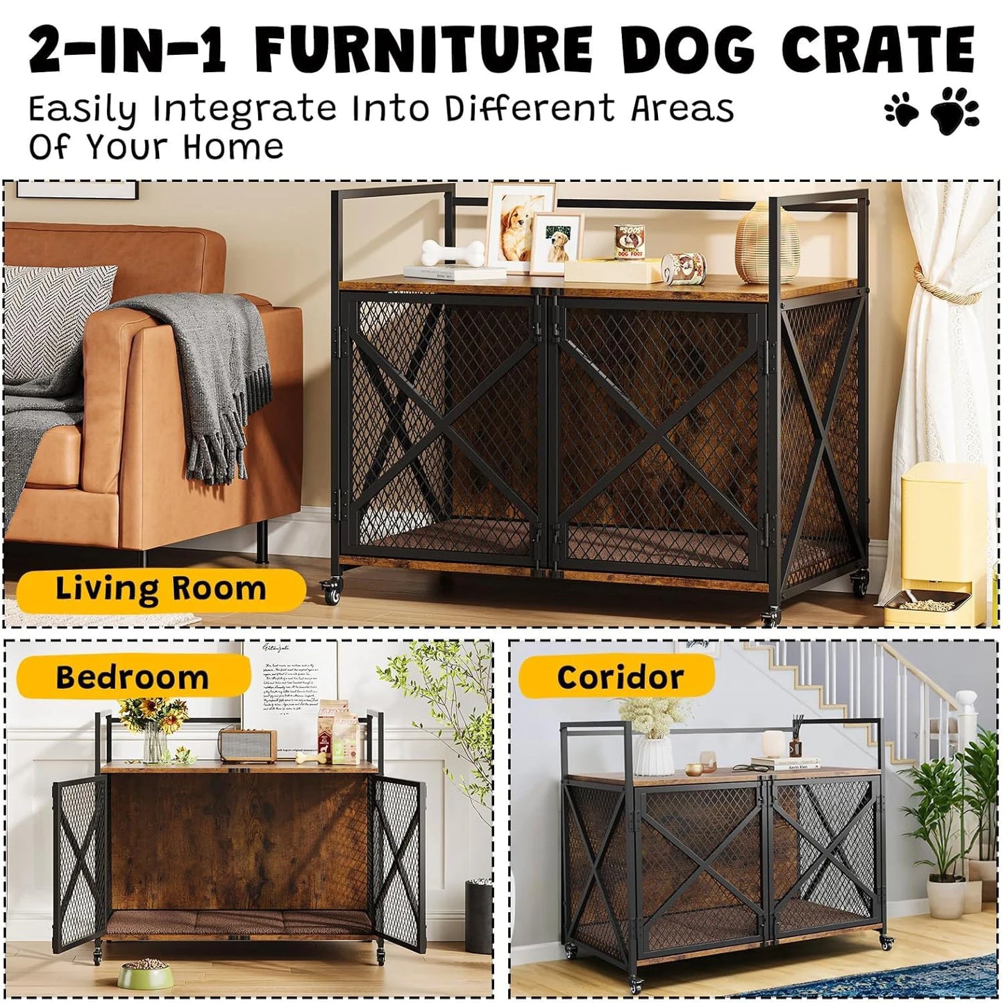 Large Wooden Dog Crate End Table Indoor With Lockable Wheels