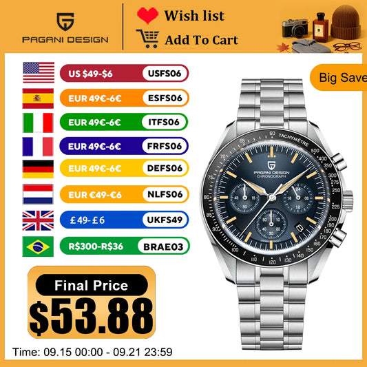 2025 New PAGANI DESIGN Moon V6 Men's Watches Luxury Quartz Watch For Man Chronograph VK63 Men Gift AR Sapphire Mirror Luminous