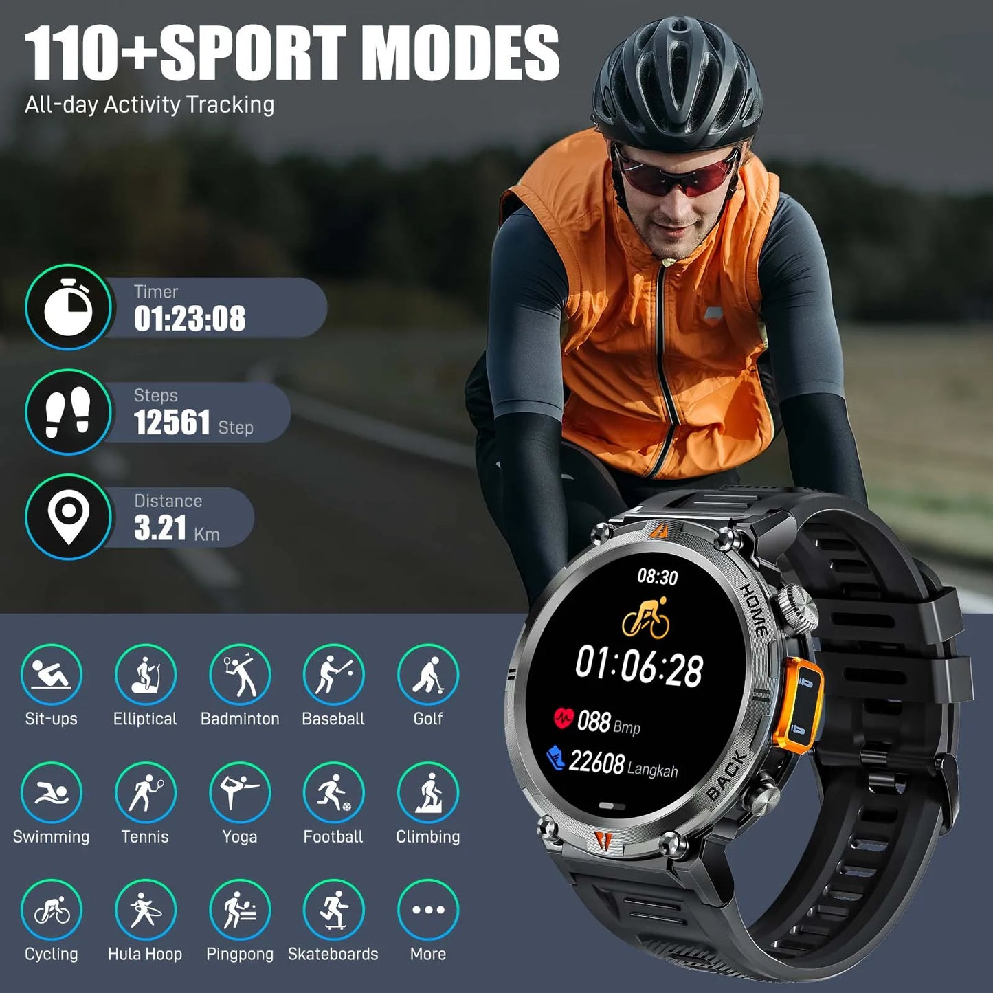 EIGIIS KE3 Smart Watch 3ATM Waterproof Original Design For Men Bluetooth Call Health Monitor With Flashlight 100+ Sports Modes