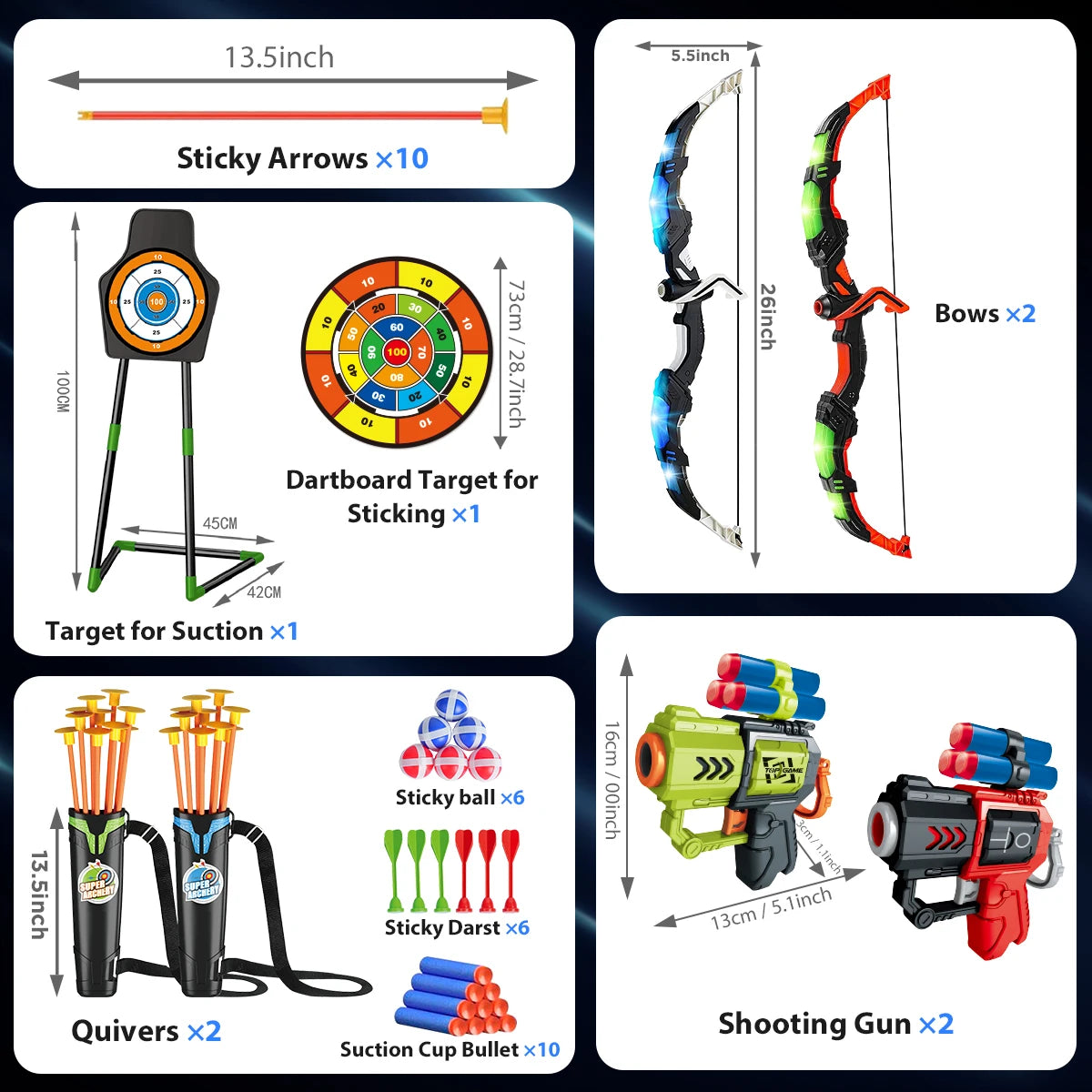 VATOS 2X Bow Arrow And Guns Toy For Kids Night Archery