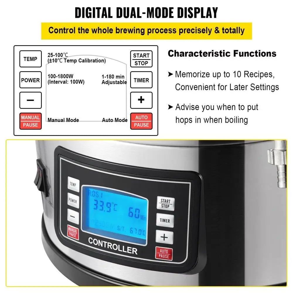 Electric Home Beer Brewing System 9.2 Gal 35 L All-in-One Brewing Pot with Pump Mash Boil Device Digital Panel Auto Manual Mode