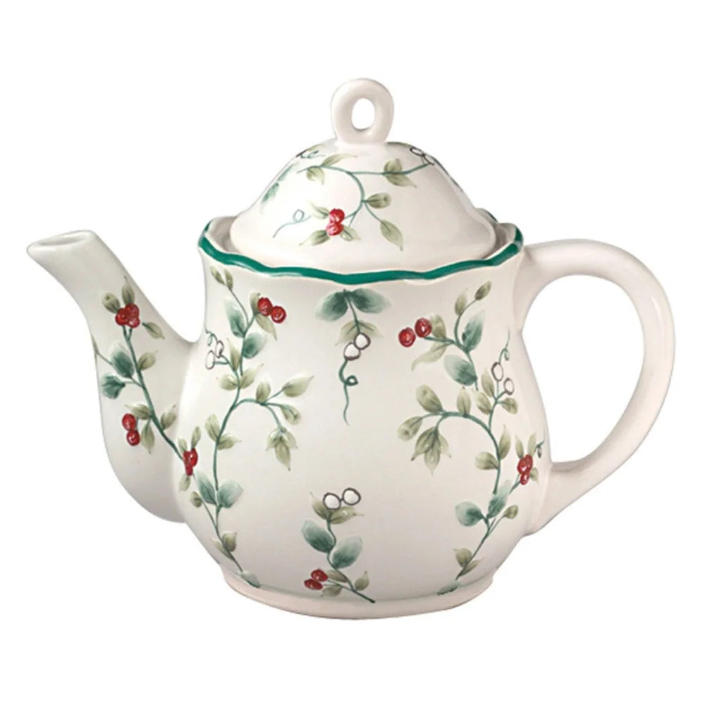 Winterberry Sculpted Teapot Ceramic Dishwasher Safe 49 oz Elegant Teaware Perfect Entertaining and Everyday Use Timeless Holiday