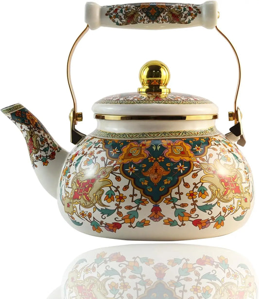 Floral Enamel Tea Kettle Vintage Gold Beige Teapot Colorful Boho Hot Water Coffee Kettle Pot 2.5L Porcelain Tea Pot with Ceramic