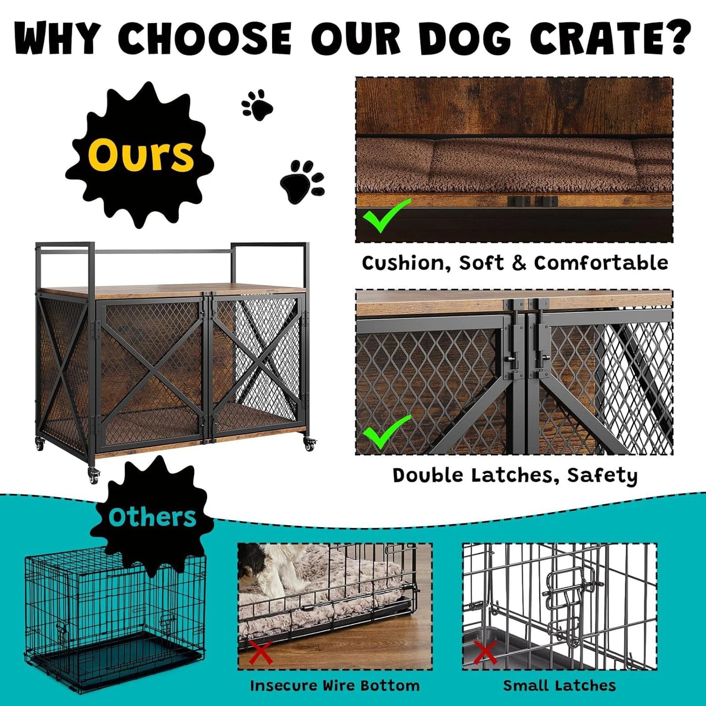 Large Wooden Dog Crate End Table Indoor With Lockable Wheels