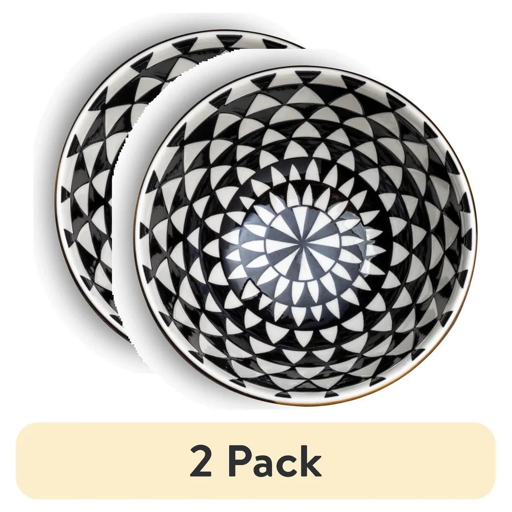 2 Pack Stoneware Dinner Bowls Black White Medallion Durable Microwave Dishwasher Safe Elegant Tableware Ceramic Serving Plates