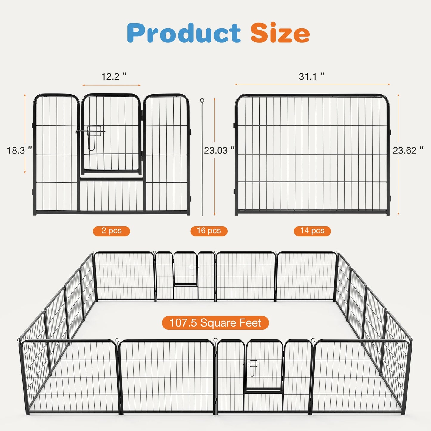 JHK 16 Panel Dog Playpen Indoor Metal Fence With Doors