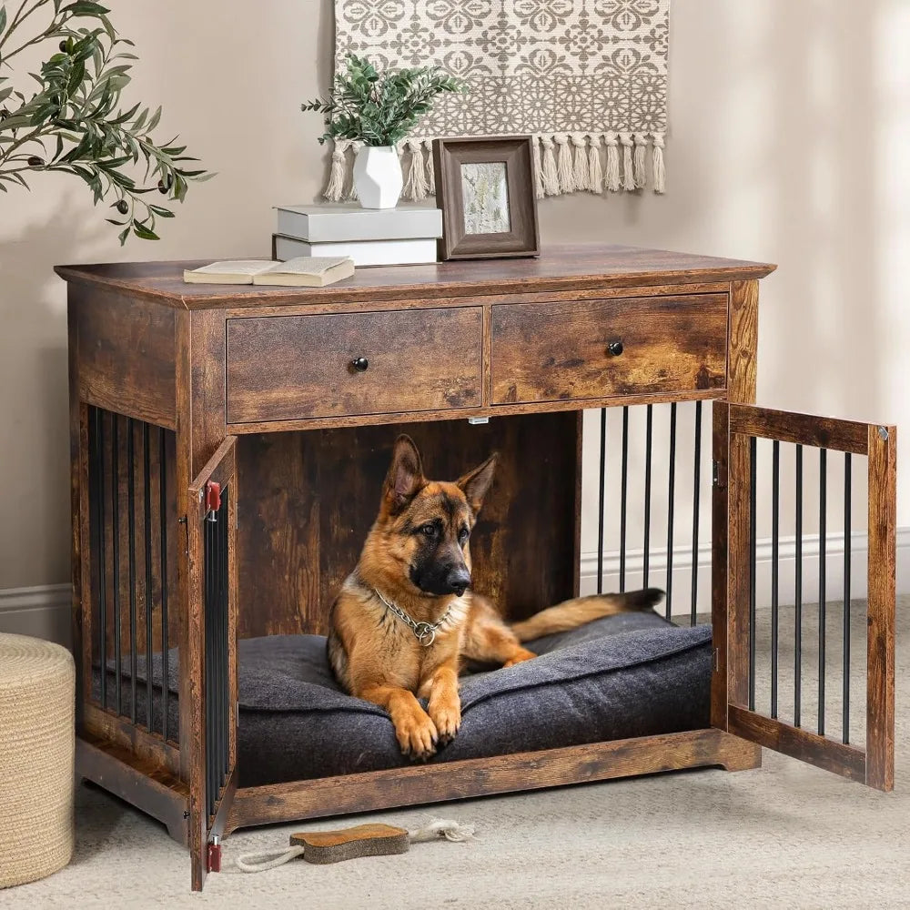44 Inch Wooden Dog Crate End Table With Storage Drawers