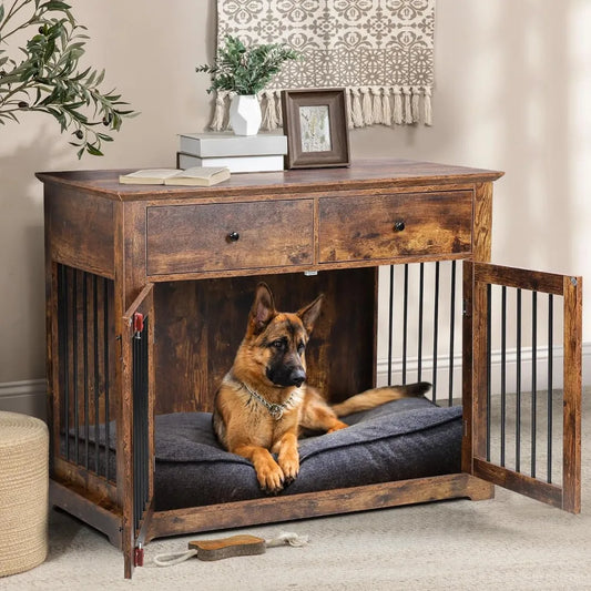 44 Inch Wooden Dog Crate End Table With Storage Drawers