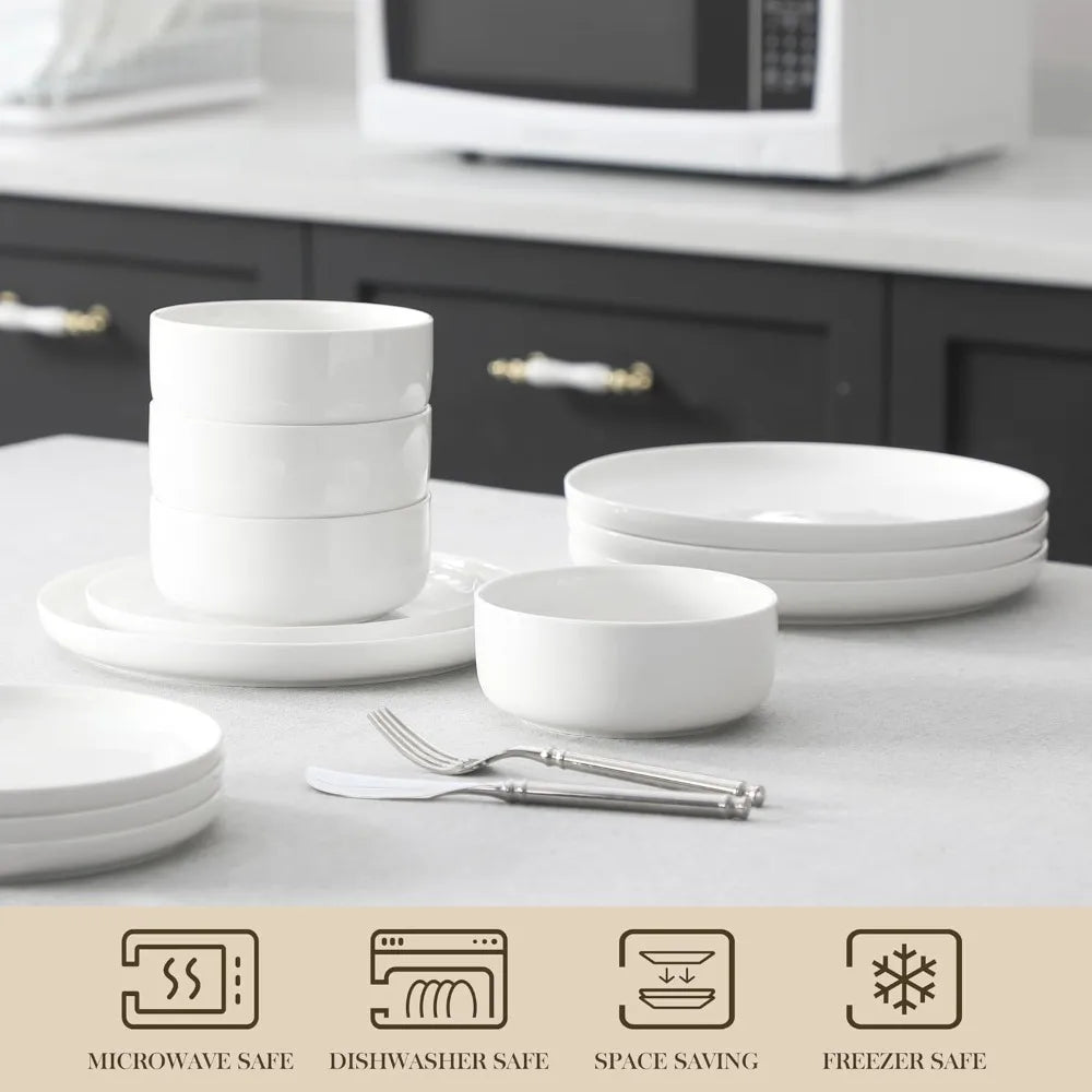 MALACASA Plates and Bowls Sets, 12 Pieces Porcelain Dinnerware Sets Dishware Sets Chip Resistant Ceramic Dish Set Dining Dinner