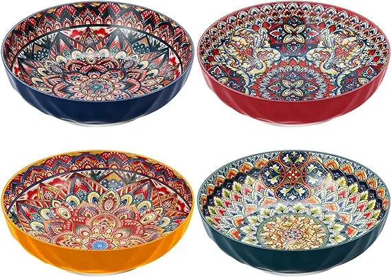 Extra Large Bohemian Ceramic Serving Bowls Set of 4 - Ideal for Salad, Soup, Fruit, Pasta, Cereal, and Microwave Use
