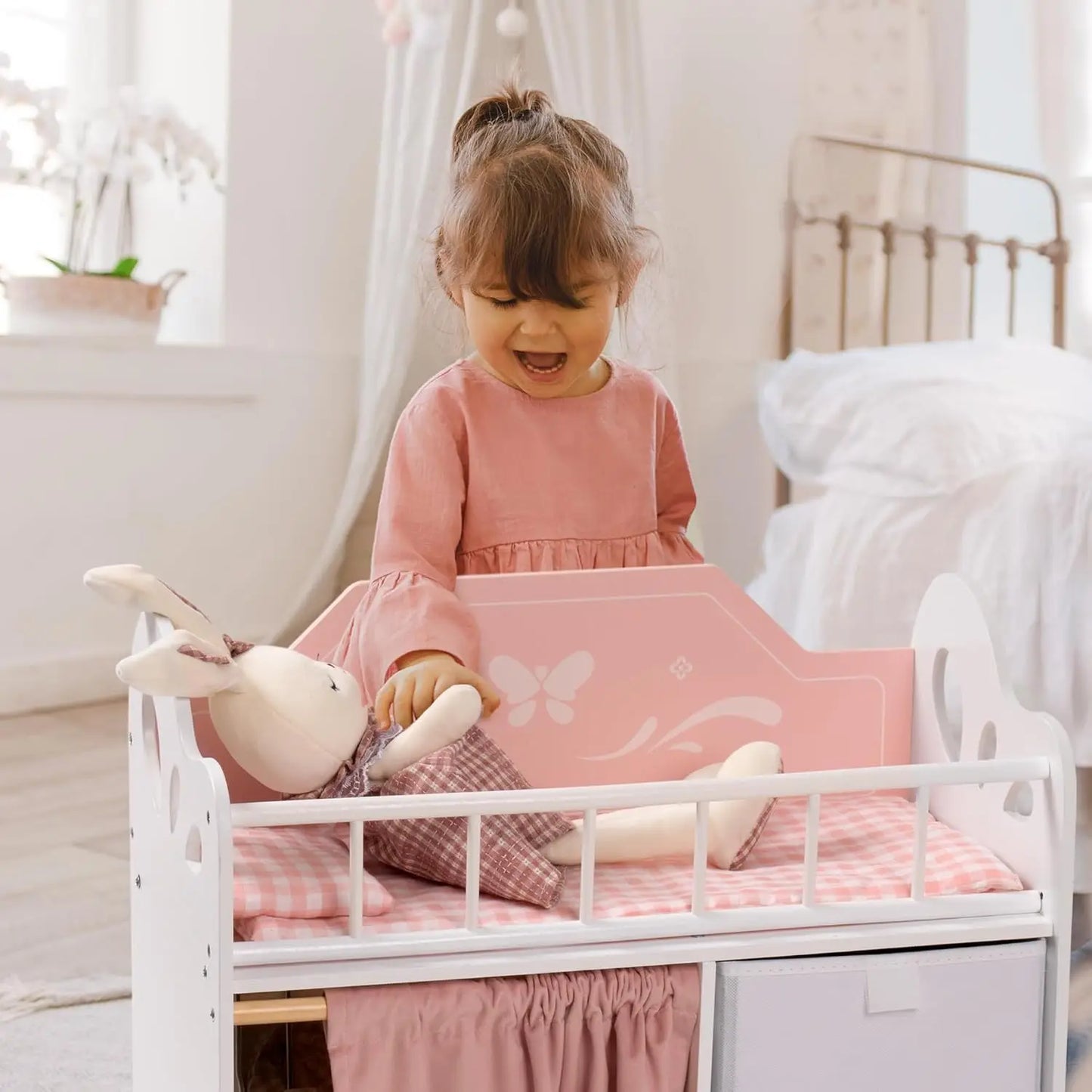 Robotime Pink Baby Doll Crib With Storage Bedding And Hooks