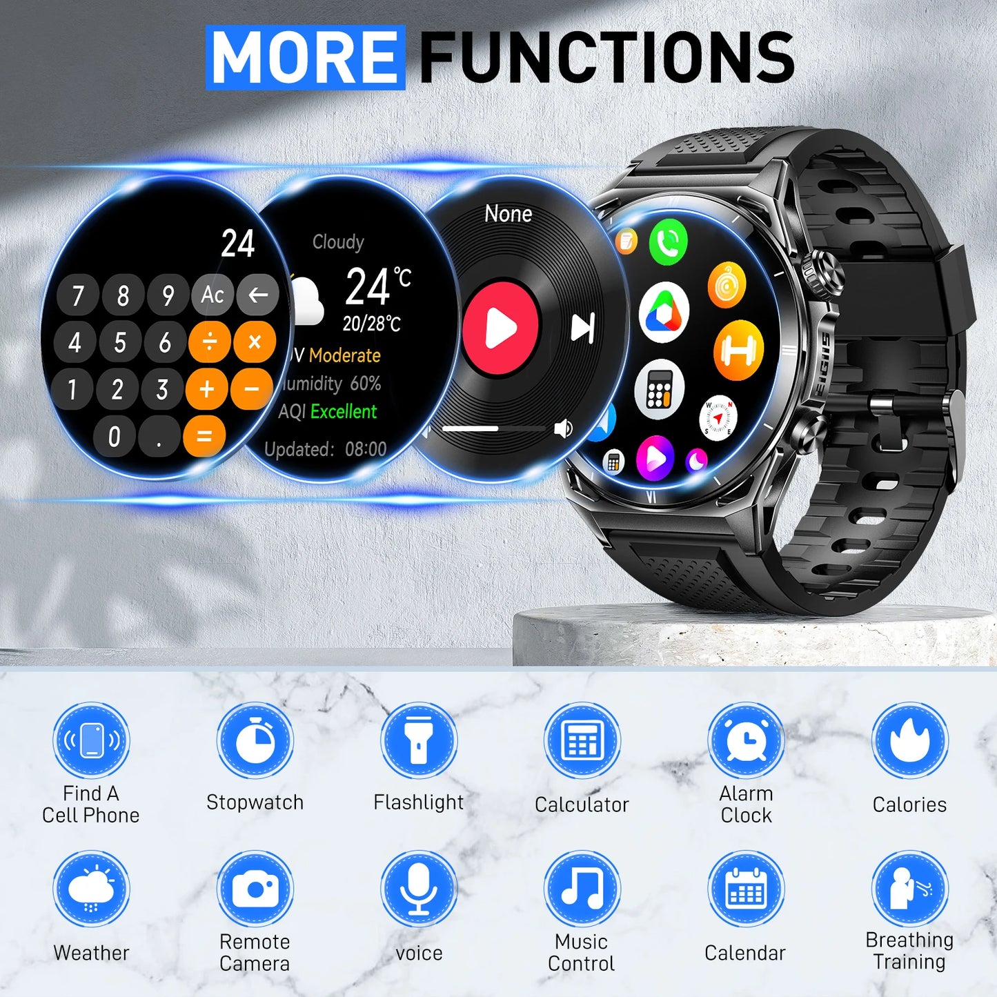 EIGIIS New Smart Watch KE6 1.43 Inch AMOLED Display Men Black Sports Watch KE Series Bluetooth Call Health Monitor IP68 Waterproof