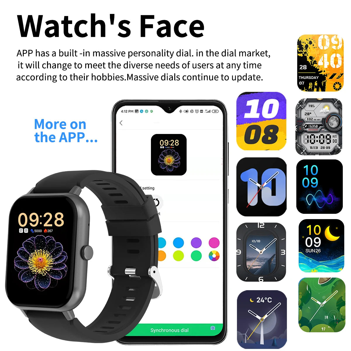 Smart watch with multiple sports modes, wireless calls, weather forecast, custom dials, compatible with Android and iPhone