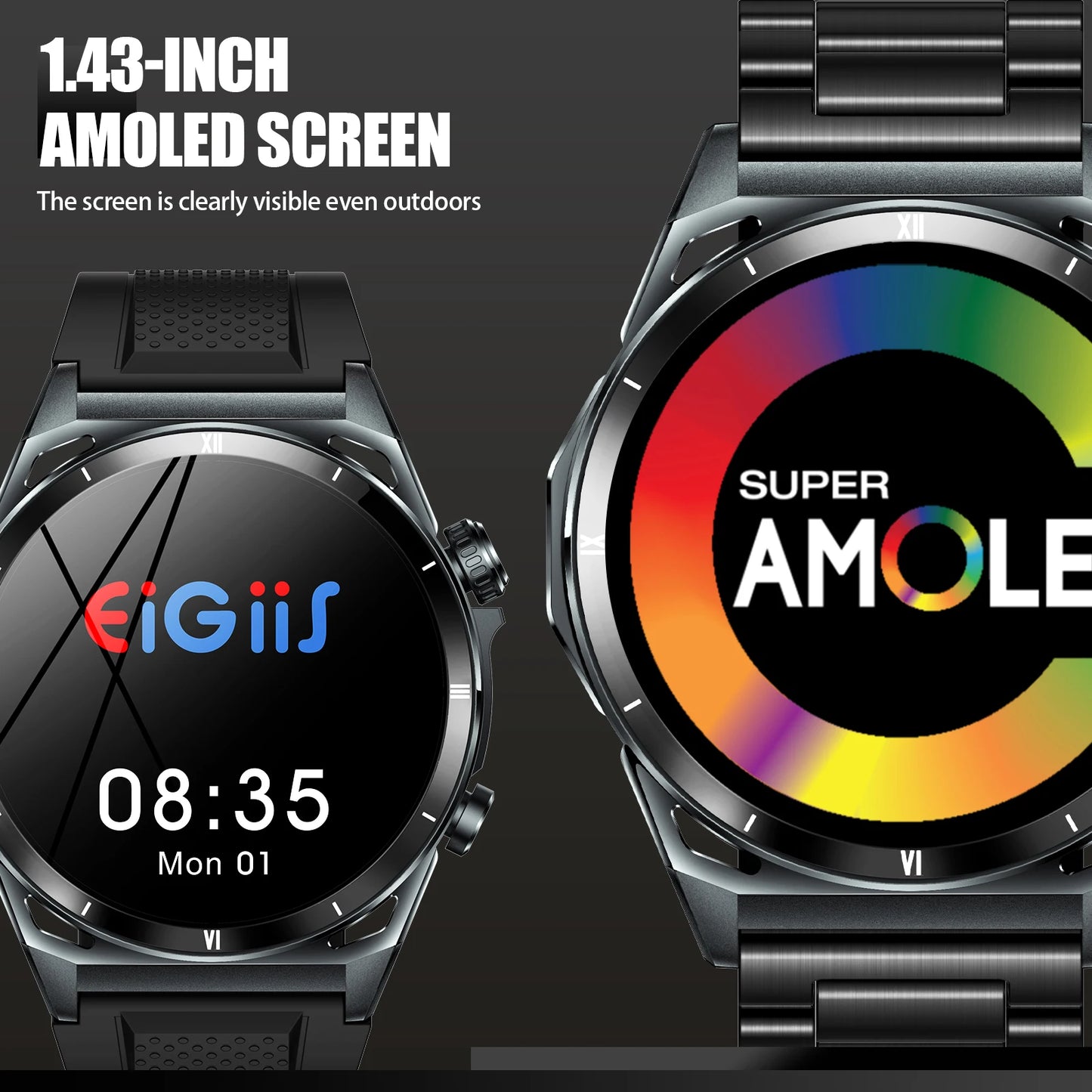 EIGIIS New Smart Watch KE6 1.43 Inch AMOLED Display Men Black Sports Watch KE Series Bluetooth Call Health Monitor IP68 Waterproof