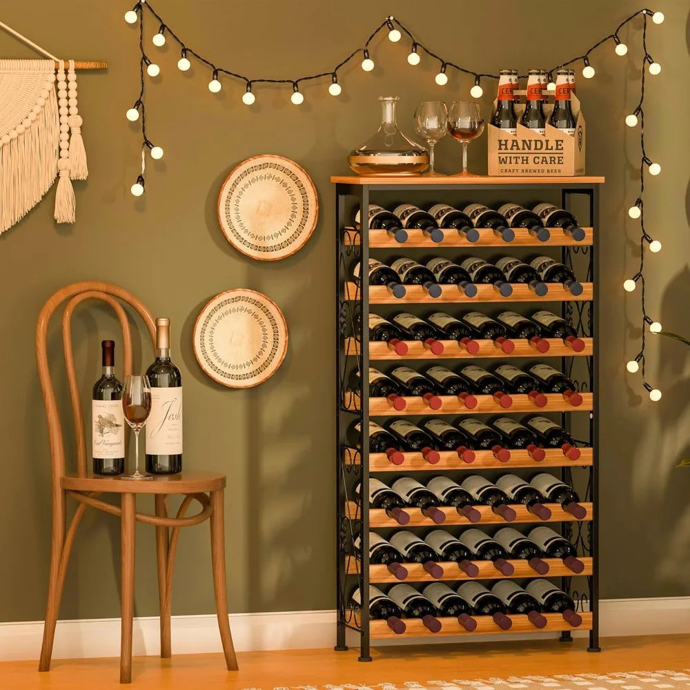 Freestanding 8-Tier Wooden Top Wine Rack for Floor Storage in Kitchen and Pantry