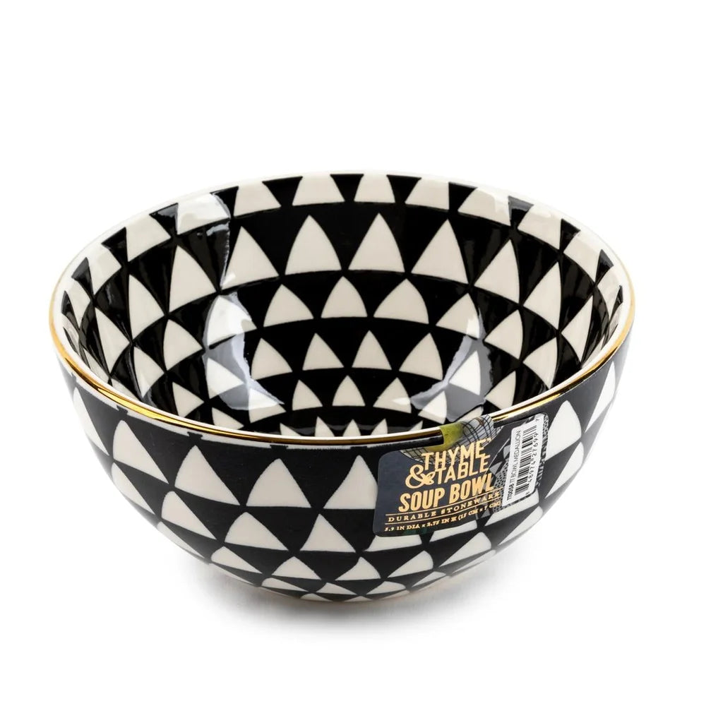 2 Pack Stoneware Dinner Bowls Black White Medallion Durable Microwave Dishwasher Safe Elegant Tableware Ceramic Serving Plates