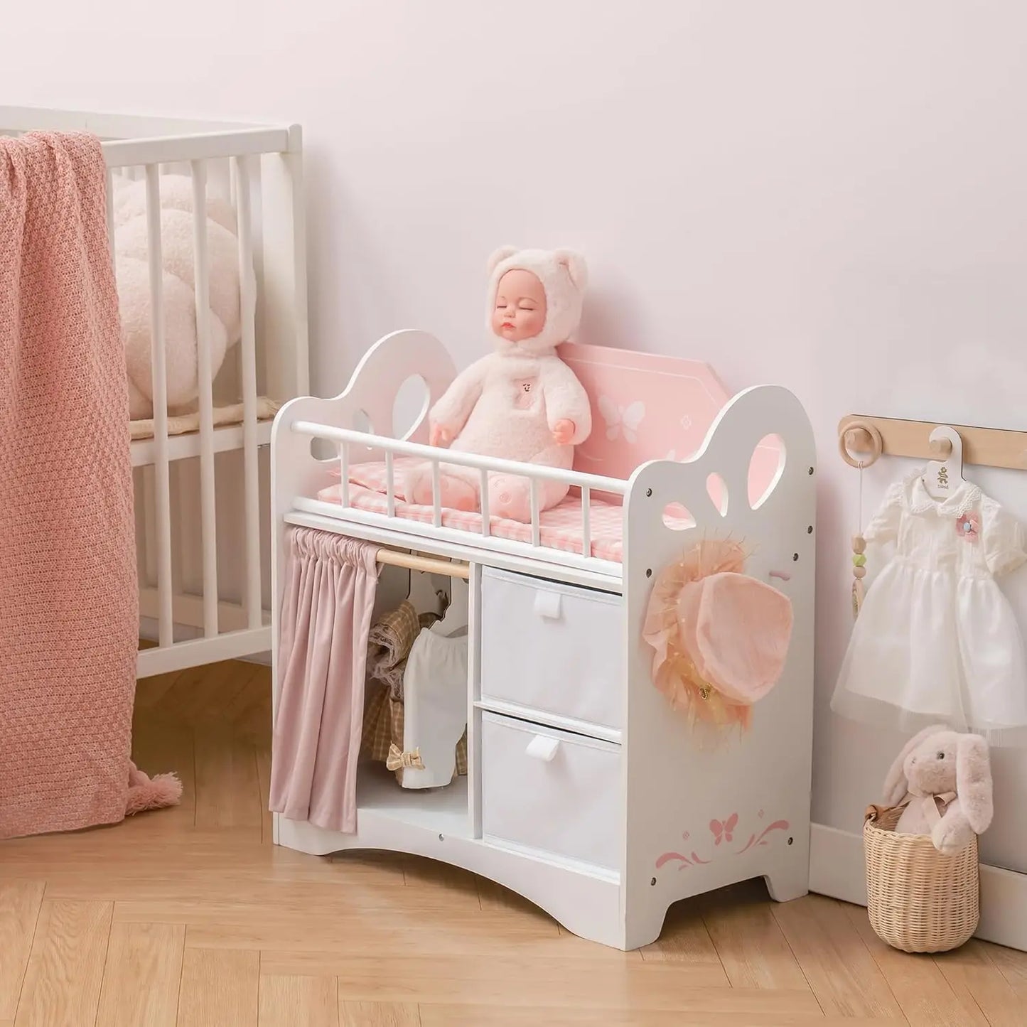 Robotime Pink Baby Doll Crib With Storage Bedding And Hooks