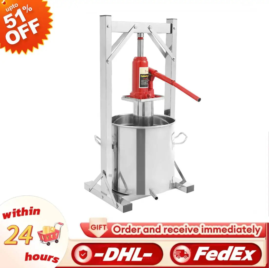Fruit Wine Press 12L Grape Crusher Juice Maker Stainless Steel with Hydraulic Jack Wine Making Tool