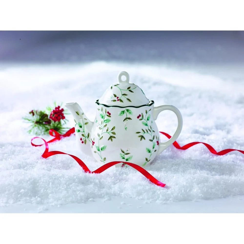 Winterberry Sculpted Teapot Ceramic Dishwasher Safe 49 oz Elegant Teaware Perfect Entertaining and Everyday Use Timeless Holiday
