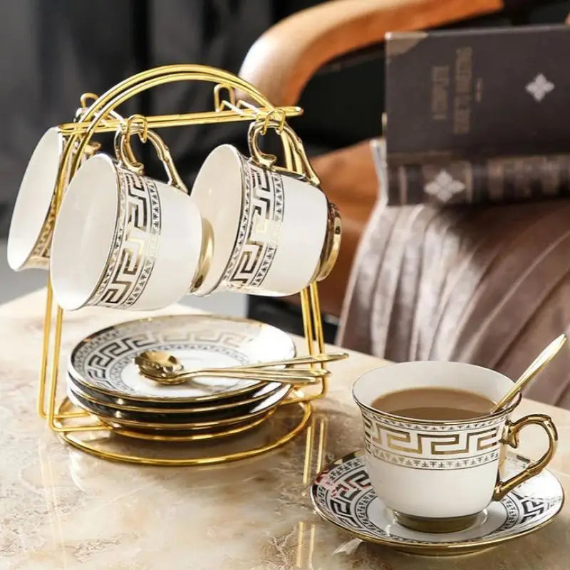 Ceramic Coffee Cup Saucer Scoop Set with Cup Holder European Porcelain Bone China Luxury Teaware Heat Resistant Restaurant Cup