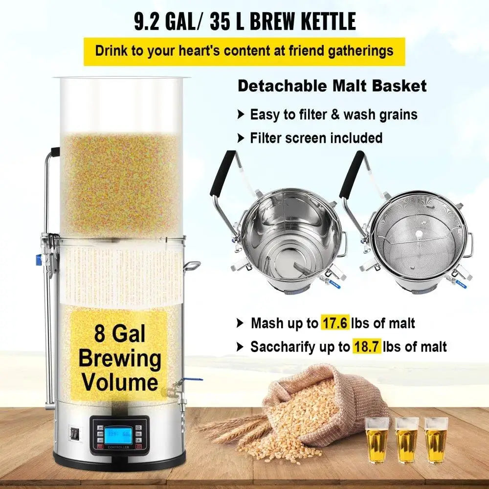 Electric Home Beer Brewing System 9.2 Gal 35 L All-in-One Brewing Pot with Pump Mash Boil Device Digital Panel Auto Manual Mode
