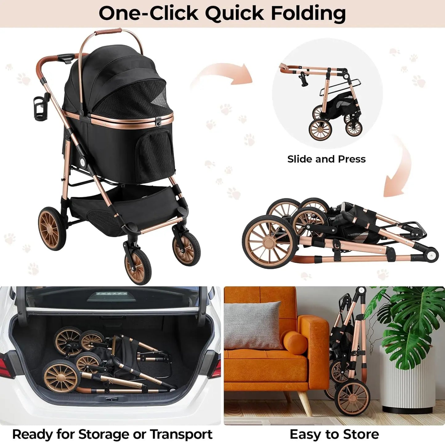360 Degree High Wheels Foldable Pet Stroller 2 In 1 Dog Cat