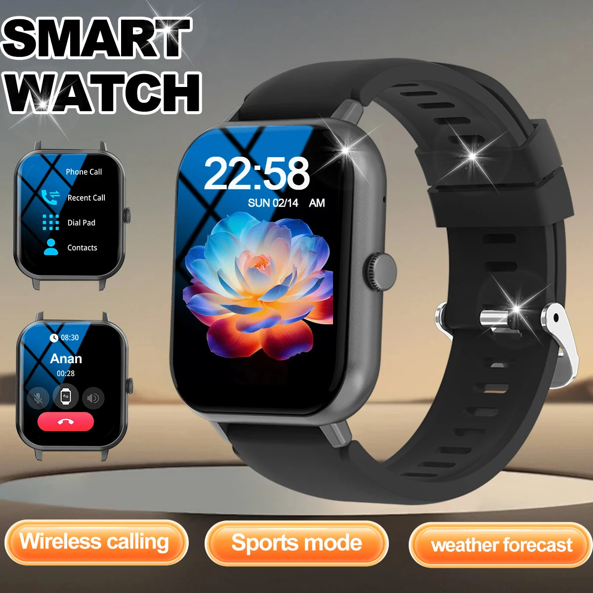 Smart watch with multiple sports modes, wireless calls, weather forecast, custom dials, compatible with Android and iPhone
