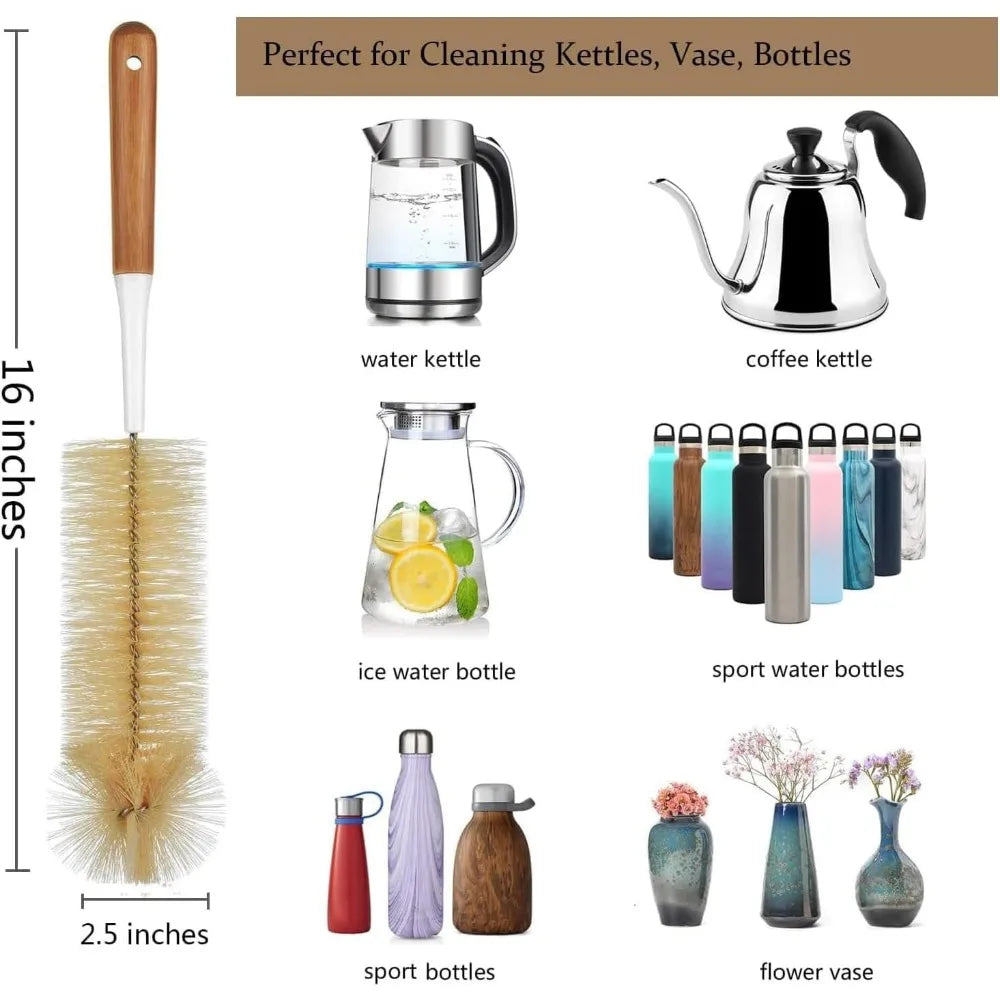 5-pack bottle brush cleaner - long bamboo handle water bottle straw cleaning brush for washing narrow neck beer wine decanter,