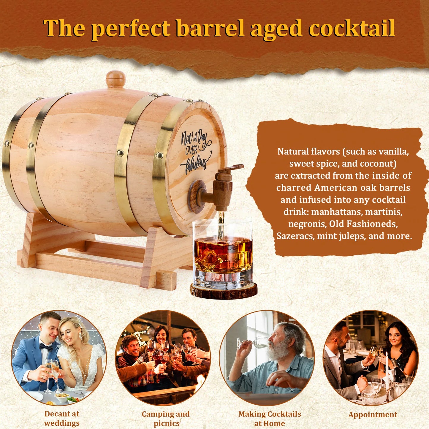 3L Retro Wine Barrel With Stand & Spigot Pine + Plastic Wooden Whiskey Aging Barrels Cocktails Beer Storage Container Dispenser