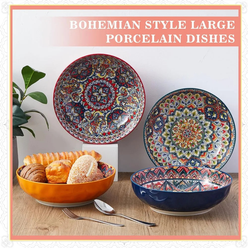Extra Large Bohemian Ceramic Serving Bowls Set of 4 - Ideal for Salad, Soup, Fruit, Pasta, Cereal, and Microwave Use
