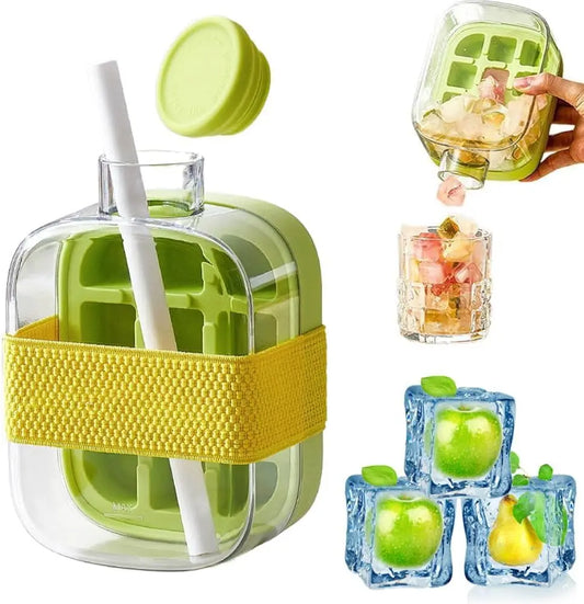 Cube Bottle, 2 in 1 Ice Cube Mold Water Bottle with Lid and Bin, Ice Bottle Cup, Easy Press to Release Vertical Ice Cube Tray wi