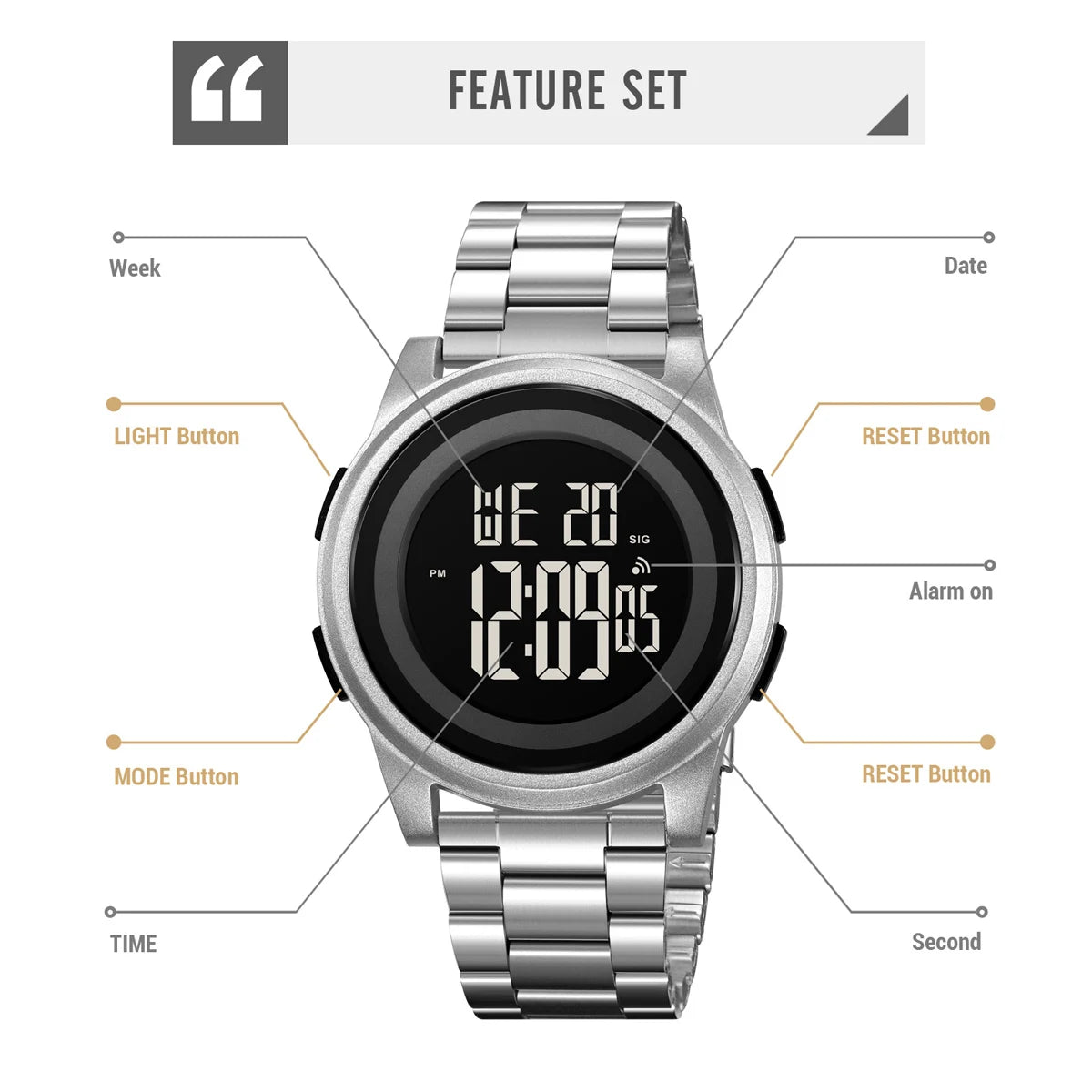 Led Digital Watches Men Sports 5Bar Waterproof Alloy Case